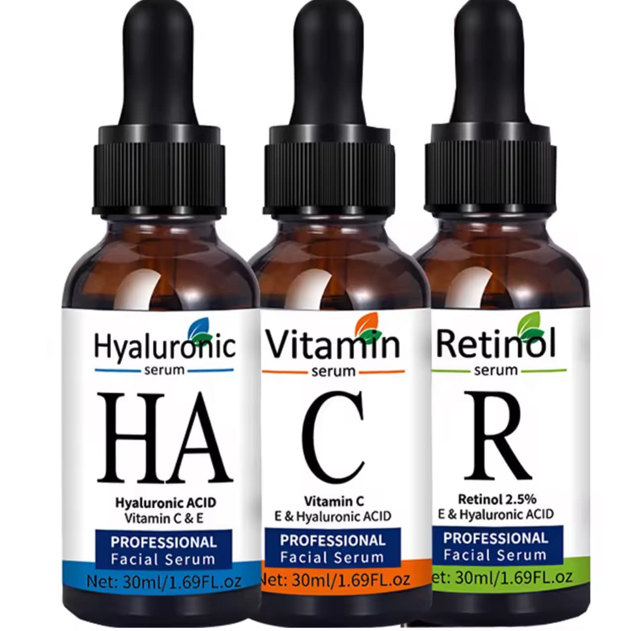 Professional Facial Serum Set – Hyaluronic, Vitamin C, Retinol 