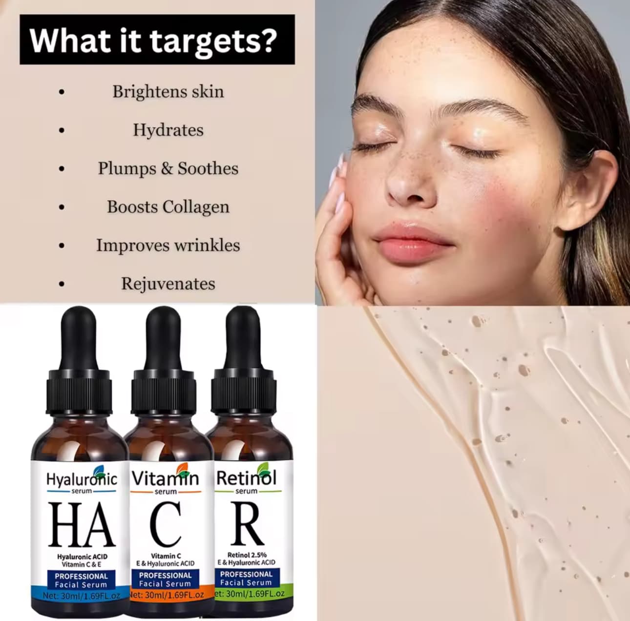 Professional Facial Serum Set – Hyaluronic, Vitamin C, Retinol 