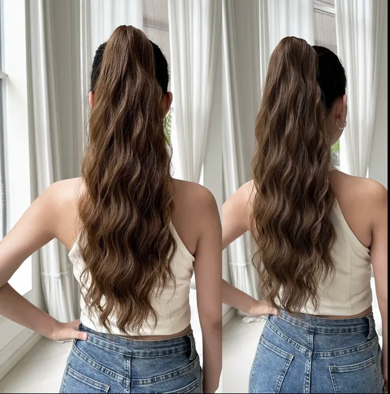 Coada de Par cu Cleste Ondulata Saten Natural Deschis, 70 cm