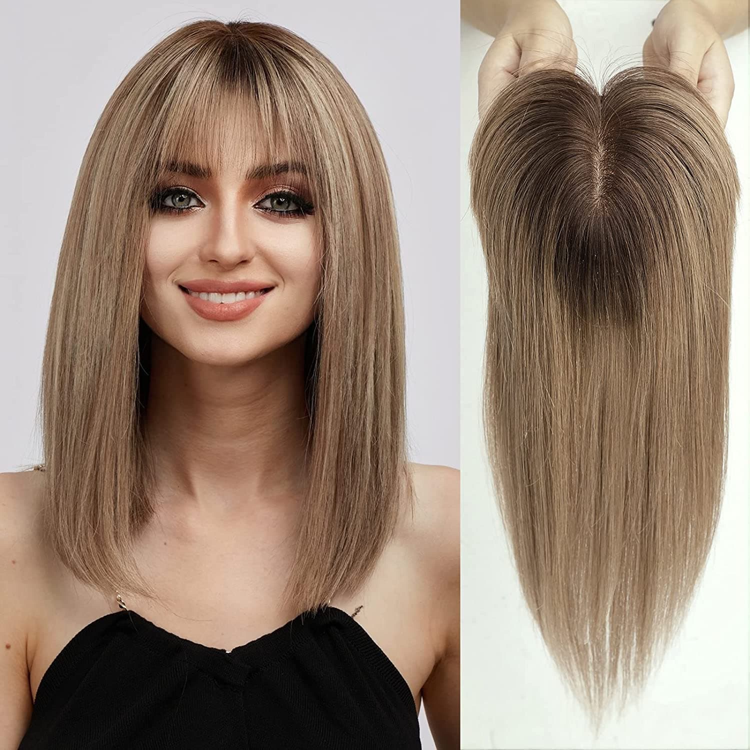 Peruca partiala cu breton Ombre #6/ #18 ( saten natural/ blond nisipiu) Peruca partiala cu breton Ombre #6/ #18 ( saten natural/ blond nisipiu)